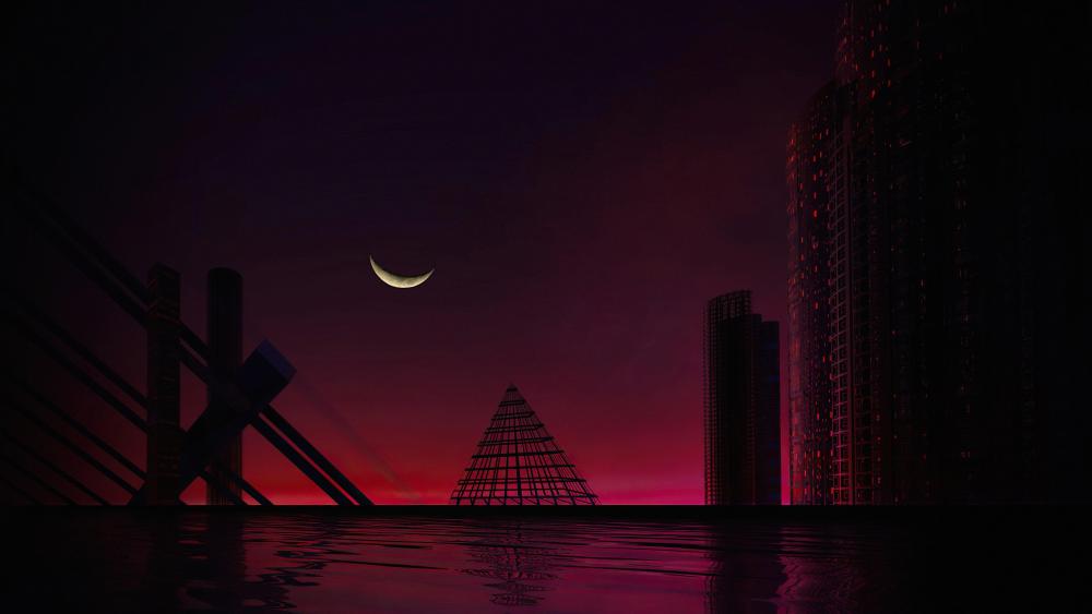 Red and Black Futuristic Moonlit Skyline wallpaper