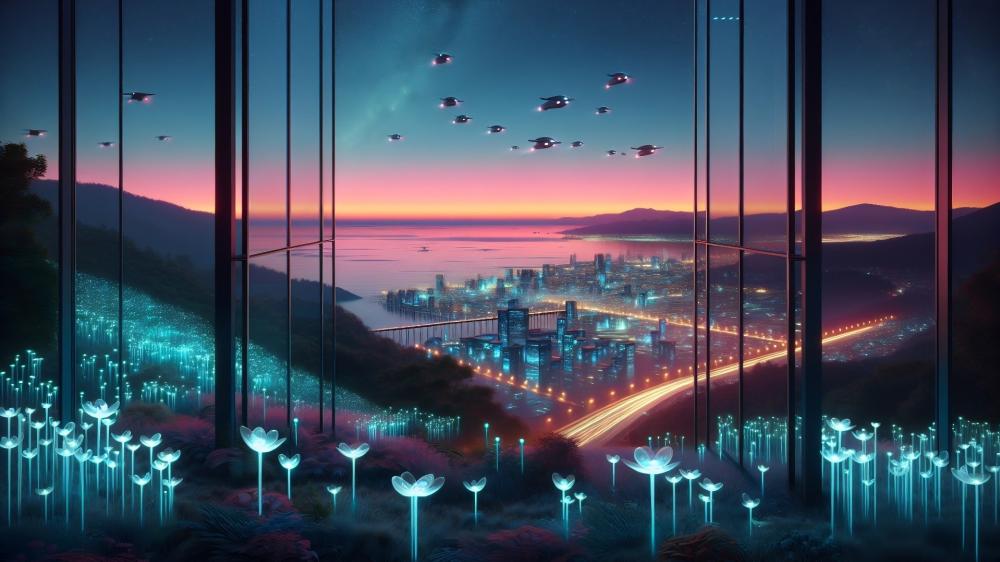 Futuristic Dreamscape with Drones and Neon Glows wallpaper