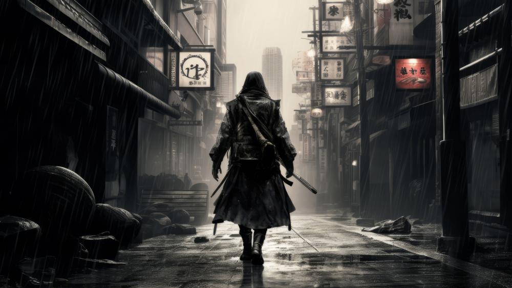 Urban Samurai in a Misty Alleyway wallpaper