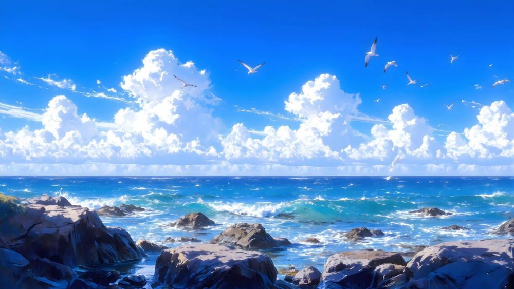Seagulls and Waves in Anime Seascape wallpaper