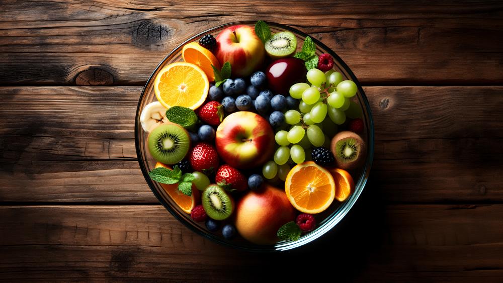 A glass fruit bowl on a wooden table wallpaper