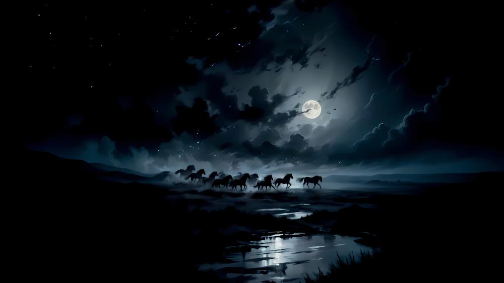 Midnight Equine Reverie: Wild Horses Under the Moonlight wallpaper