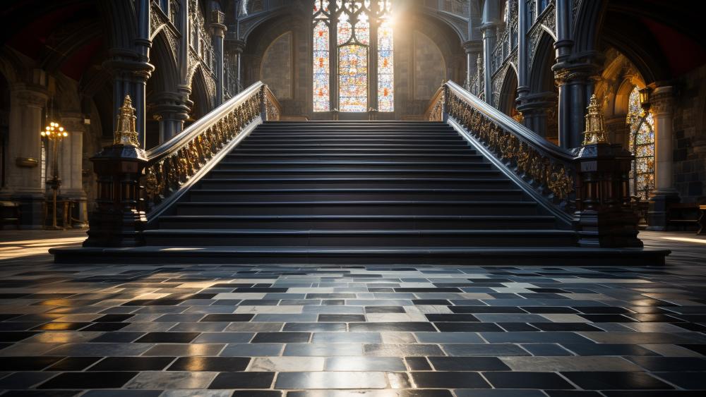 Majestic Stairs in Sunlit Cathedral wallpaper