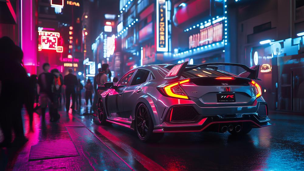 Car in Neon Night Cityscape wallpaper