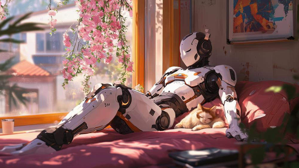 Lofi Vibes with Robot and Cat in Cozy Lounge wallpaper