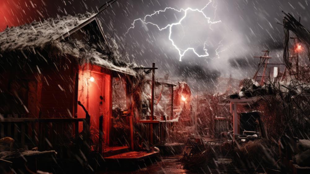 Thunderous Tempest Unleashed in Enchanted Village wallpaper