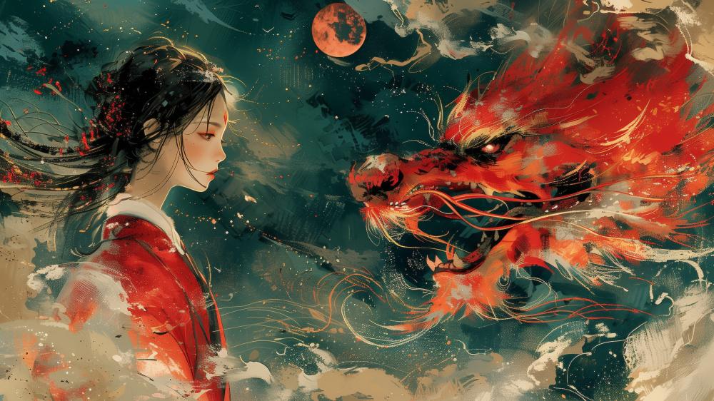 Ethereal Reunion of Amaterasu Sun Goddess and Dragon Spirit wallpaper