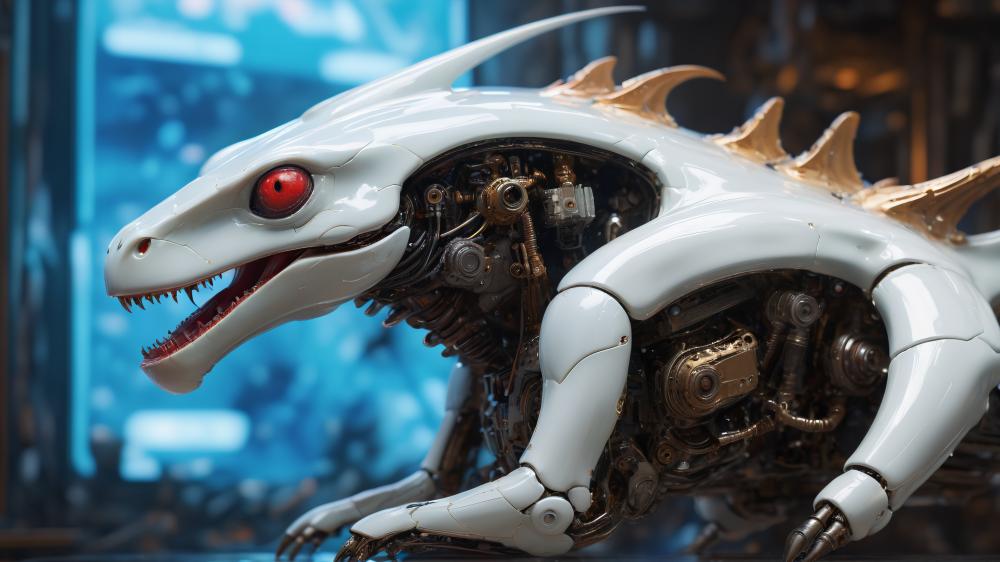 Cyborg Dragon's Alluring Gaze Mechanized Fantasy Unleashed wallpaper