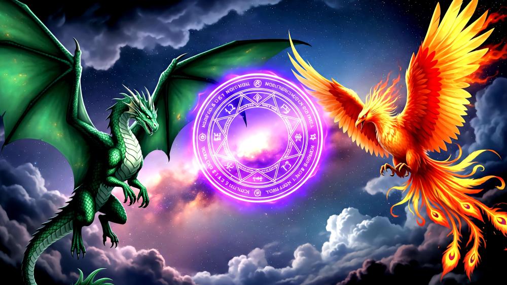Dragon and Phoenix Dance in Celestial Battle wallpaper