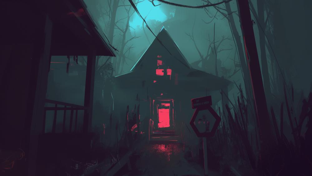Eerie Abode Under Moonlit Haze wallpaper
