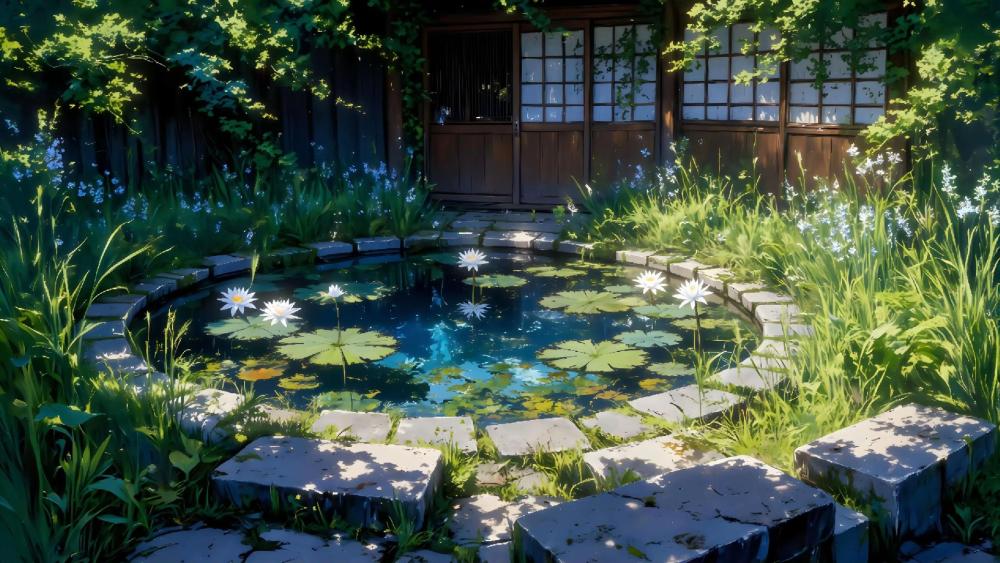 Serene Anime Garden with Pond and Water Lilies wallpaper