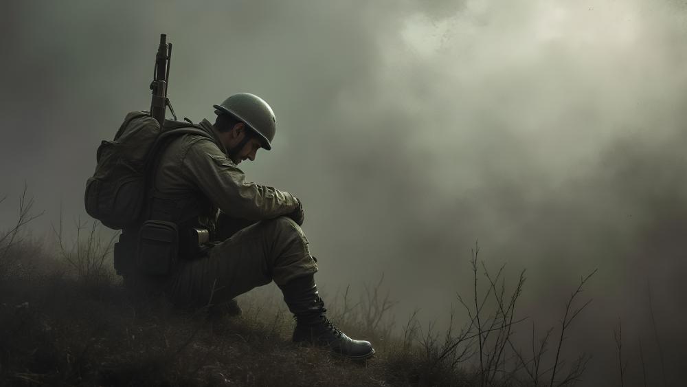 Determined Soldier in a Misty Battlefield wallpaper
