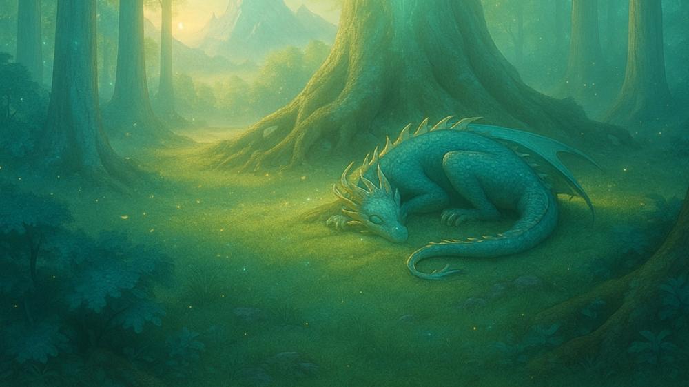 Sleeping Green Dragon in Enchanted Forest wallpaper