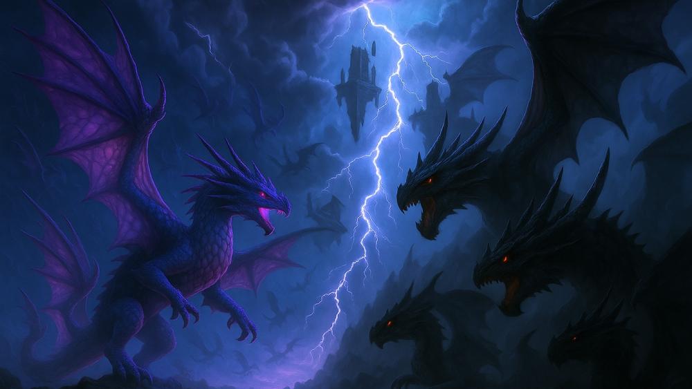 Dragon Clash Amidst Thunderous Skies wallpaper