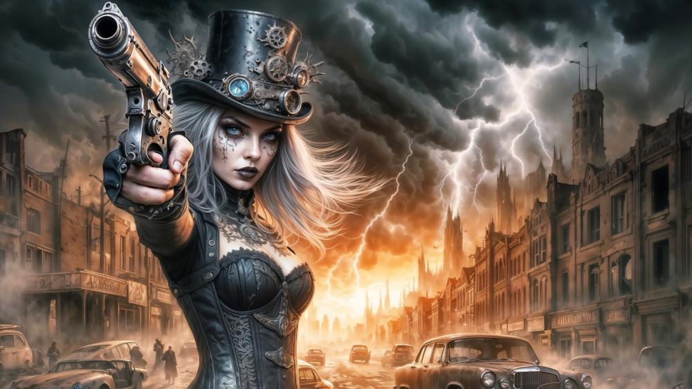 Steampunk Warrior in Apocalyptic Thunderstorm Cityscape wallpaper