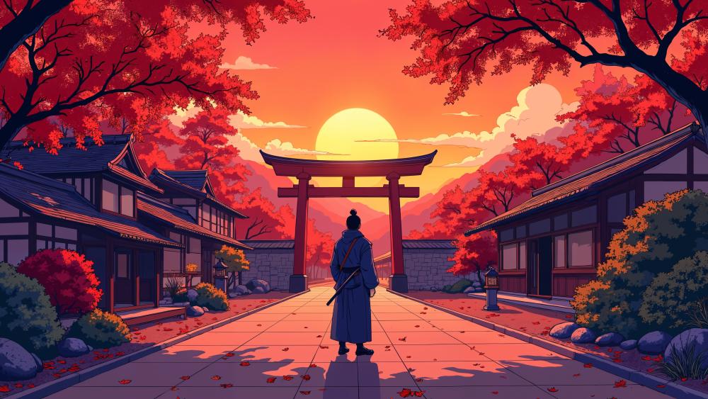 Anime Sunset Path to the Shrine Gate wallpaper