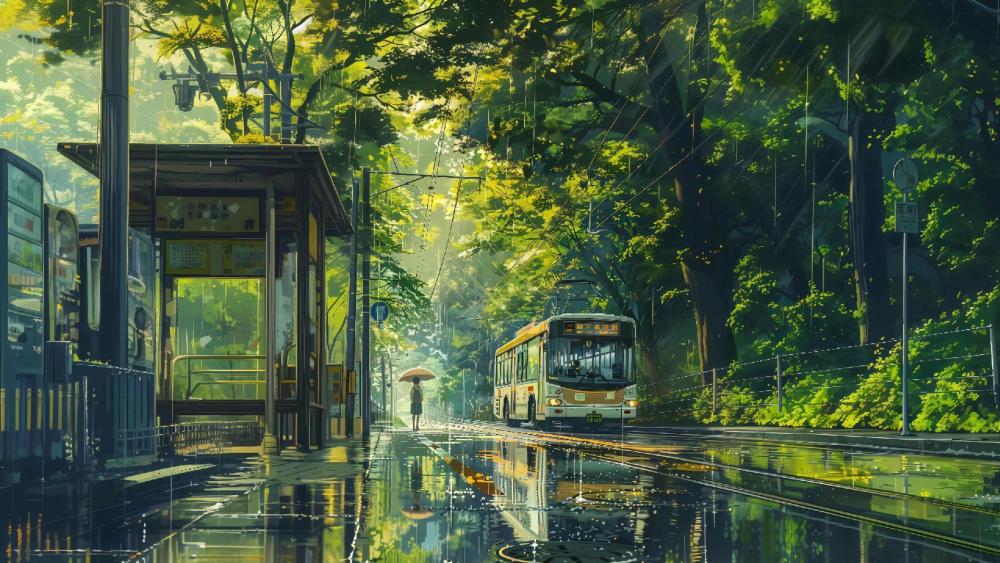 Rainy Day Tranquility in Anime Art wallpaper