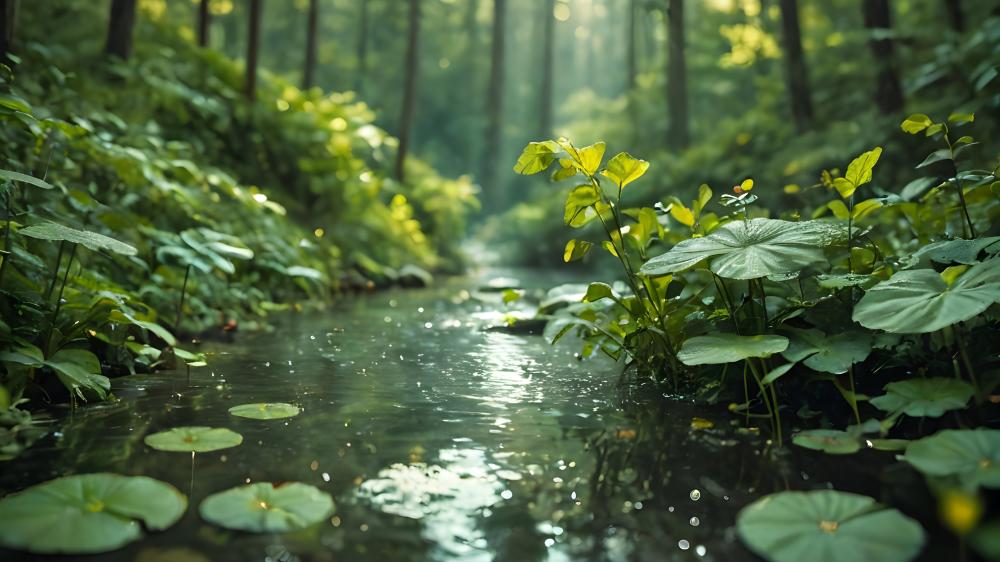 Serene Creek Amidst Lush Forest Foliage wallpaper
