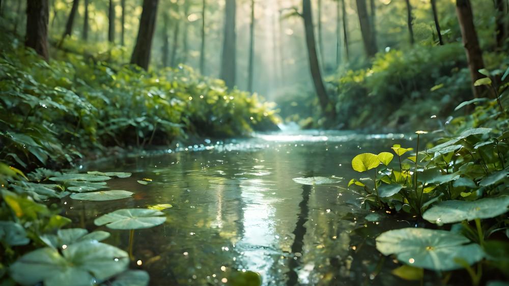 Forest Stream Serenity in Lush Greenery wallpaper