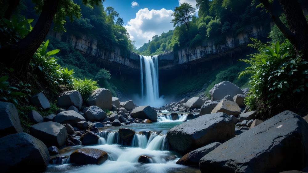 Serene Anime Waterfall Oasis in 4K wallpaper