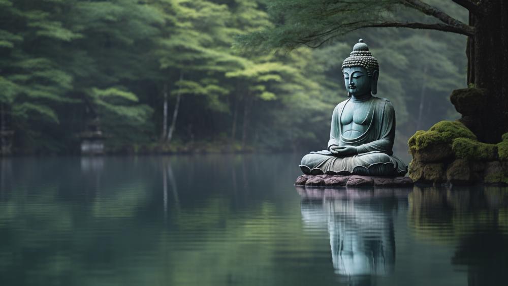Tranquil Buddha by Serene Lake wallpaper