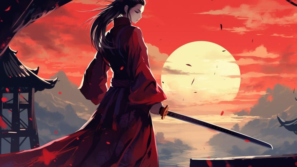 Samurai Girl at Sunset: A Warrior's Solitude wallpaper
