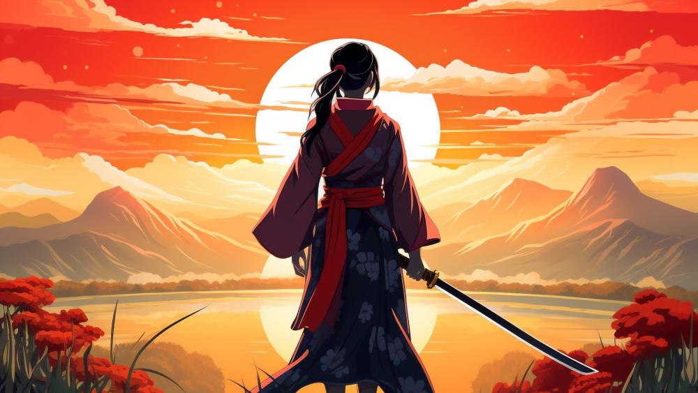 Samurai Girl at Sunset: A Warrior's Resolve wallpaper