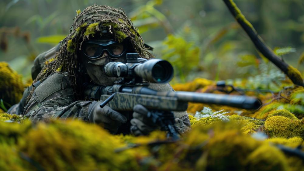 Sniper in Ghillie Suit Hidden in Forest wallpaper