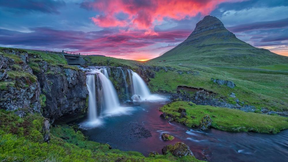 Kirkjufell's Majestic Waterfalls at Sunset wallpaper