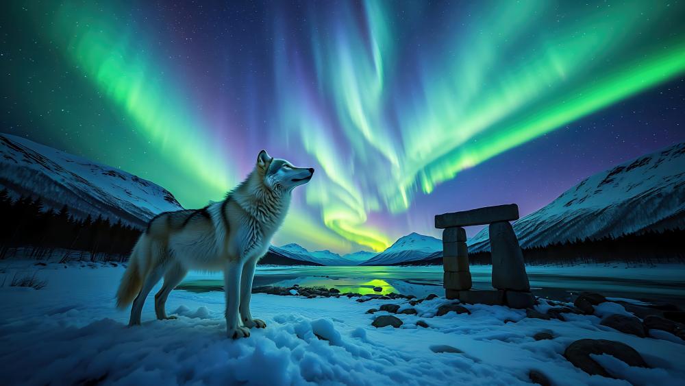 Wolf Under the Arctic Aurora wallpaper
