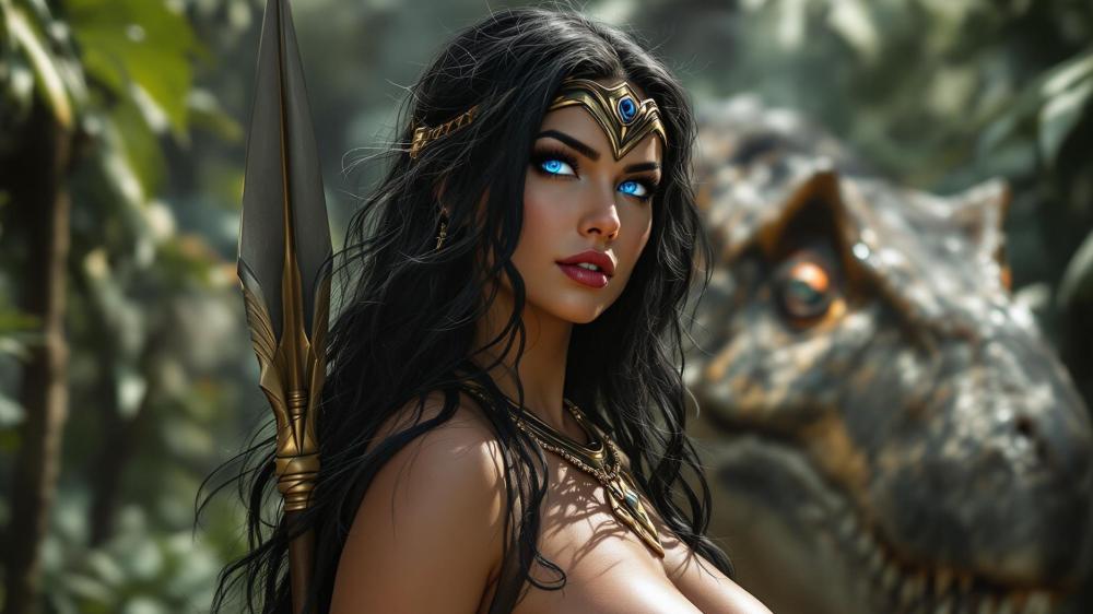 Ancient Amazon Warrior with Dinosaur Companion wallpaper
