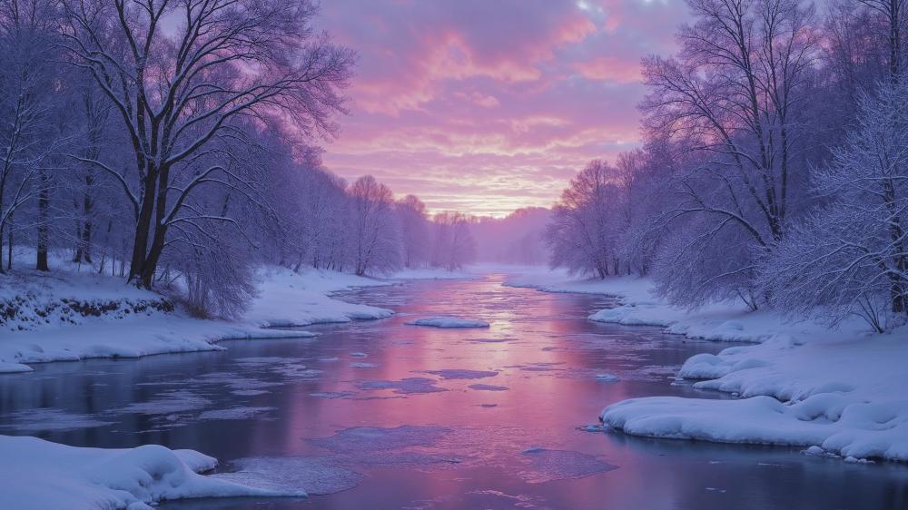 Winter River at Dawn in AI Artistry wallpaper