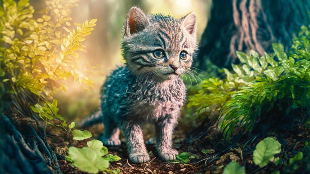 Enchanting Forest Kitten Blooms in AI Artistry wallpaper