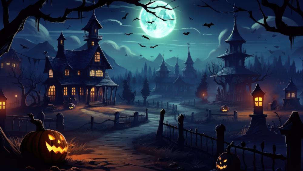 Halloween Moonlit Village with Jack-o'-Lanterns wallpaper