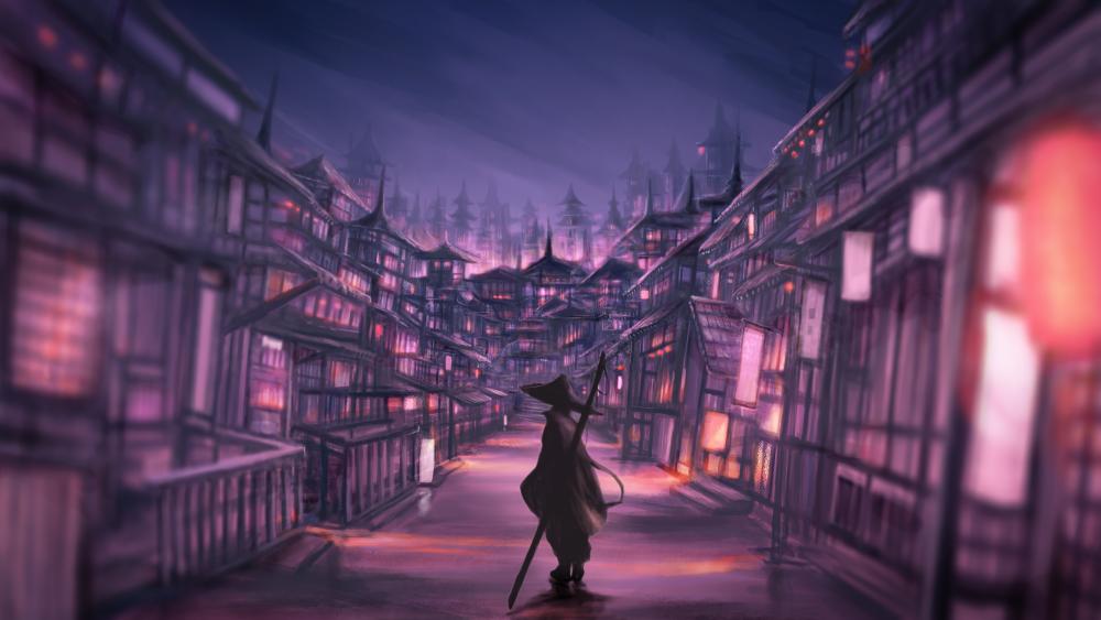 Oriental City Dreamscape with a Lone Wanderer in 5k wallpaper