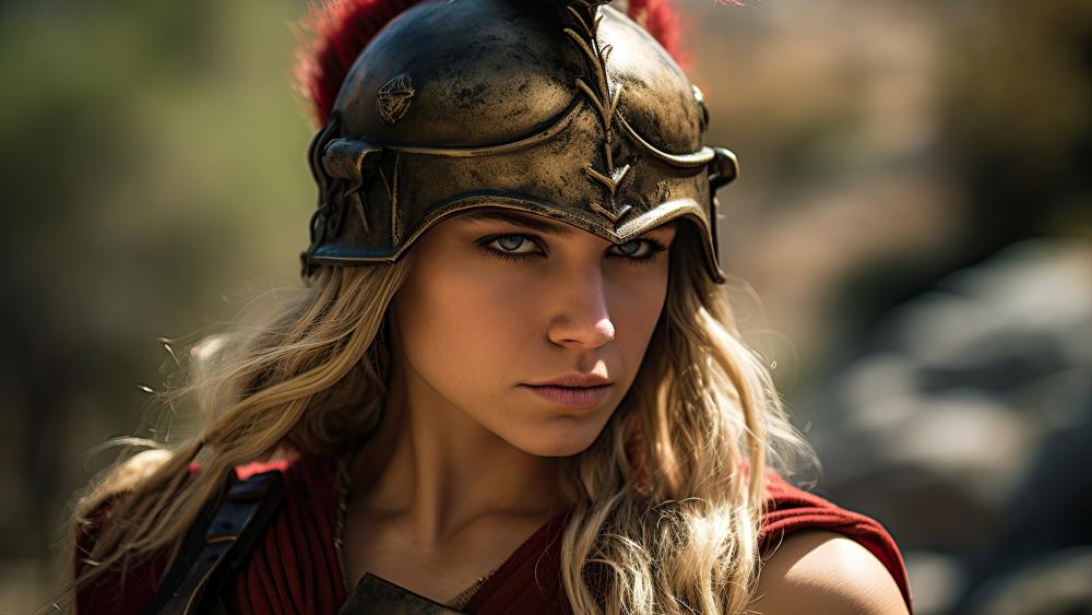 Blonde Spartan's Fierce Gaze in Battle Armor wallpaper