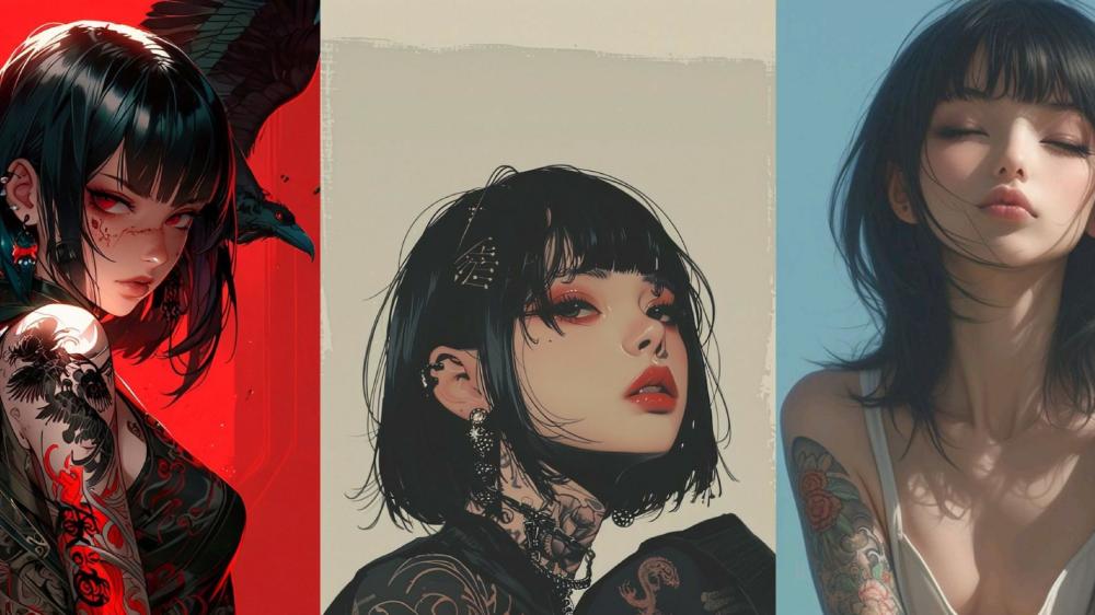 Gothic Anime Collage with Tattooed Girls in Punk Style wallpaper