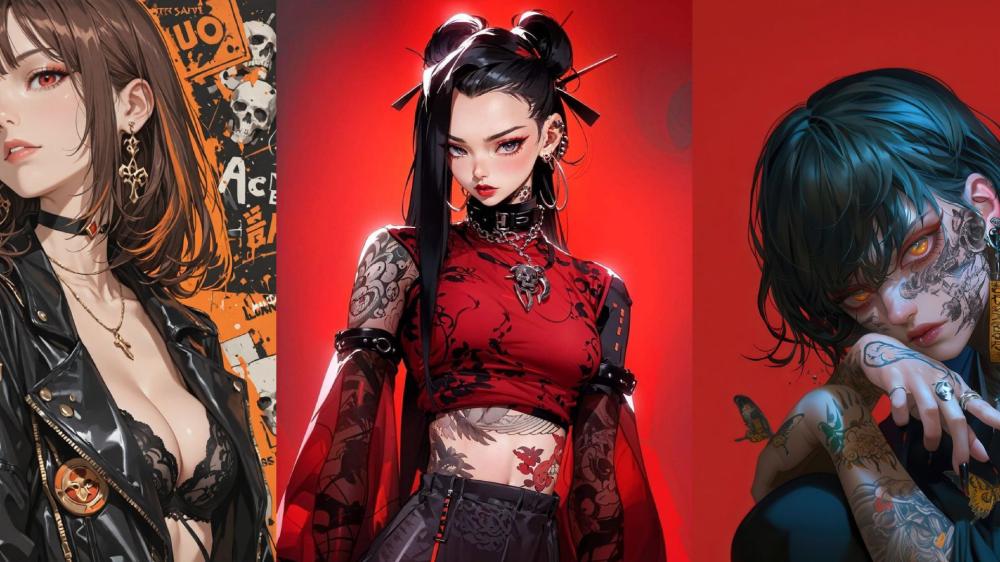 Gothic Anime Aesthetic Featuring Tattooed Girls in Punk Rock Style wallpaper