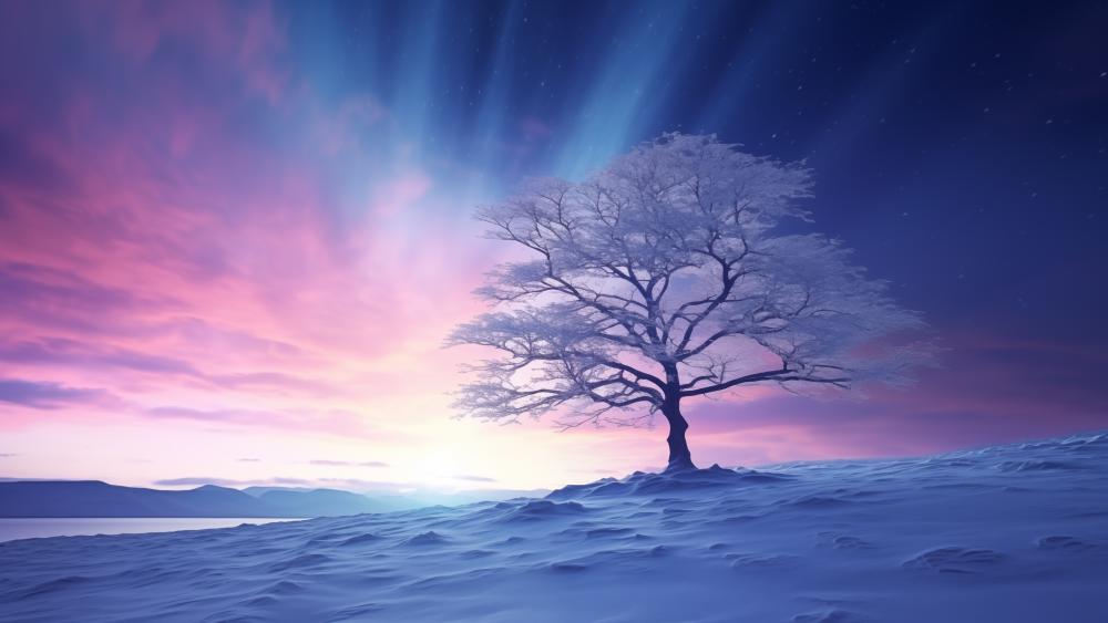 Lone Tree at Dusk Under Winter's Embrace wallpaper