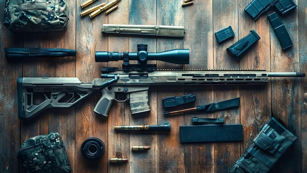 Precision Firearm Display with Tactical Gear wallpaper