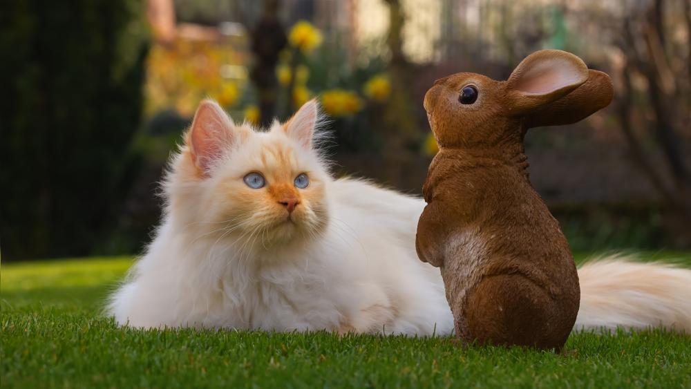 Ragdoll Cat and Rabbit's Gentle Encounter wallpaper