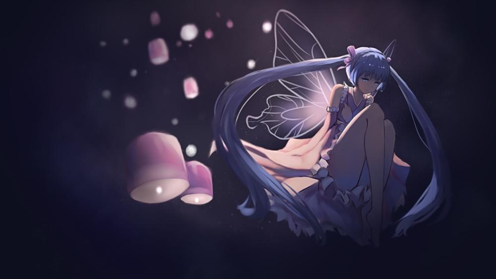Whimsical Night Enchantment with Miku and Lanterns wallpaper