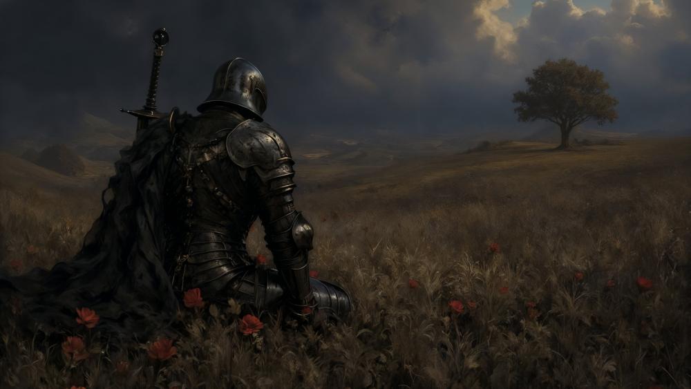 Forgotten Knight in a Serene Landscape wallpaper