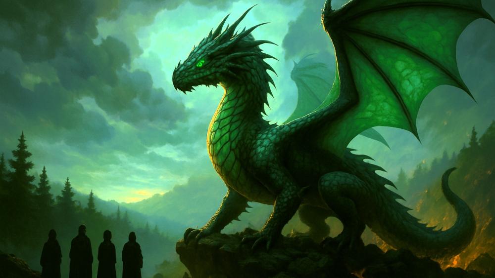 Majestic Green Dragon Overlooks Enchanted Landscape wallpaper