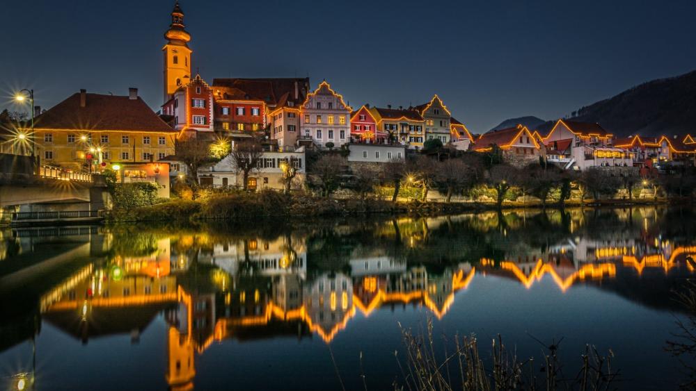 Christmas Reflections by the River in Steyr wallpaper