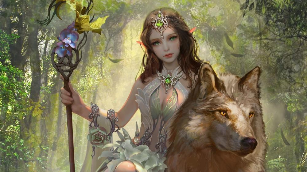 Enchanted Forest Guardian with Mystical Wolf wallpaper