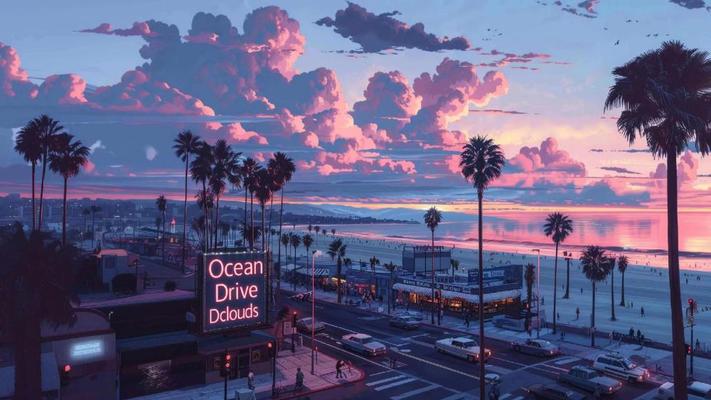 Miami Beach Anime Dreamscape at Dusk wallpaper