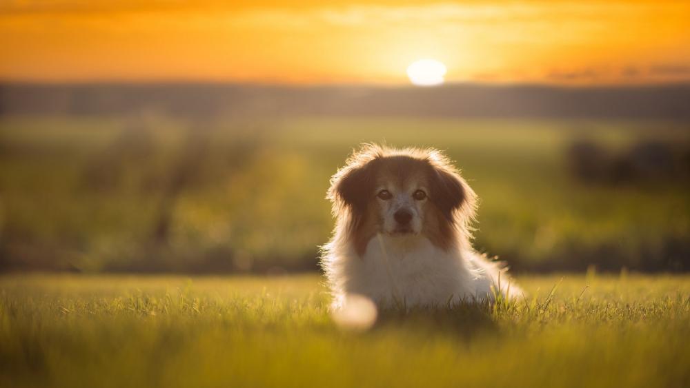 Golden Hour Dog in Sunlit Field wallpaper