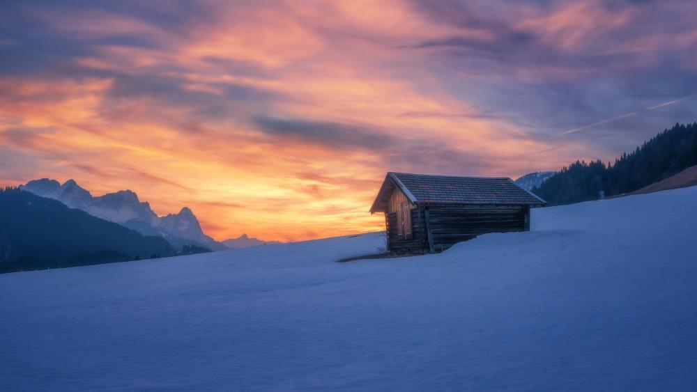 Winter's Serenity in a Snowy Cabin Landscape wallpaper
