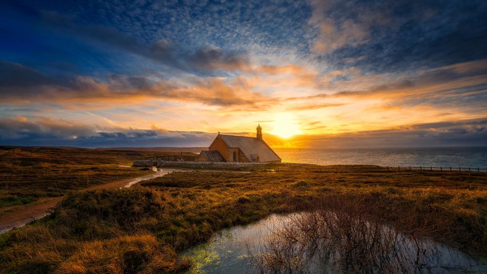 Coastal Temple Sunset Serenity in 4K wallpaper